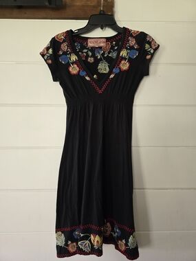 Johnny Was Black Mini Dress with Multicolor Floral Embroidery XS